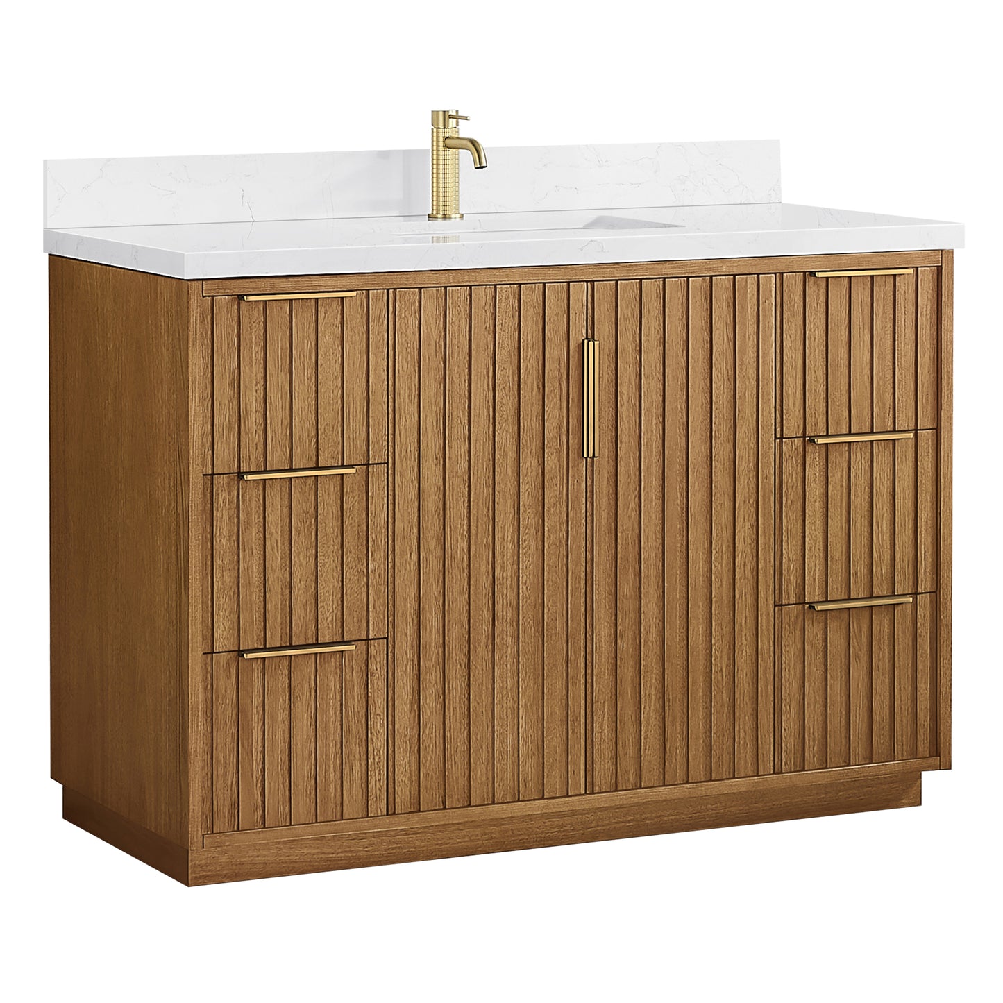 Vinnova, Bangkok 48" Single Sink Bath Vanity in Mango Wood Light Brown with with White Grain Composite Stone Top