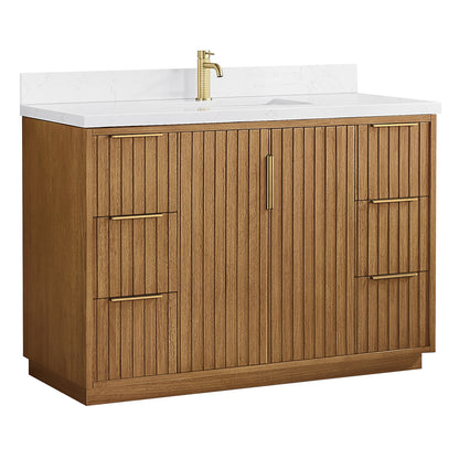 Vinnova, Bangkok 48" Single Sink Bath Vanity in Mango Wood Light Brown with with White Grain Composite Stone Top
