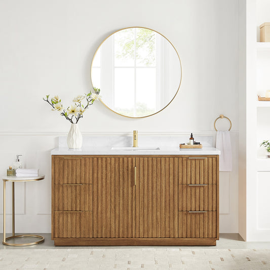 Vinnova, Bangkok 60" Single Sink Bath Vanity in Mango Wood Light Brown with White Grain Composite Stone Top