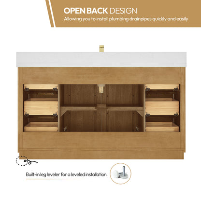 Vinnova, Bangkok 60" Single Sink Bath Vanity in Mango Wood Light Brown with White Grain Composite Stone Top