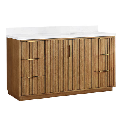 Vinnova, Bangkok 60" Single Sink Bath Vanity in Mango Wood Light Brown with White Grain Composite Stone Top