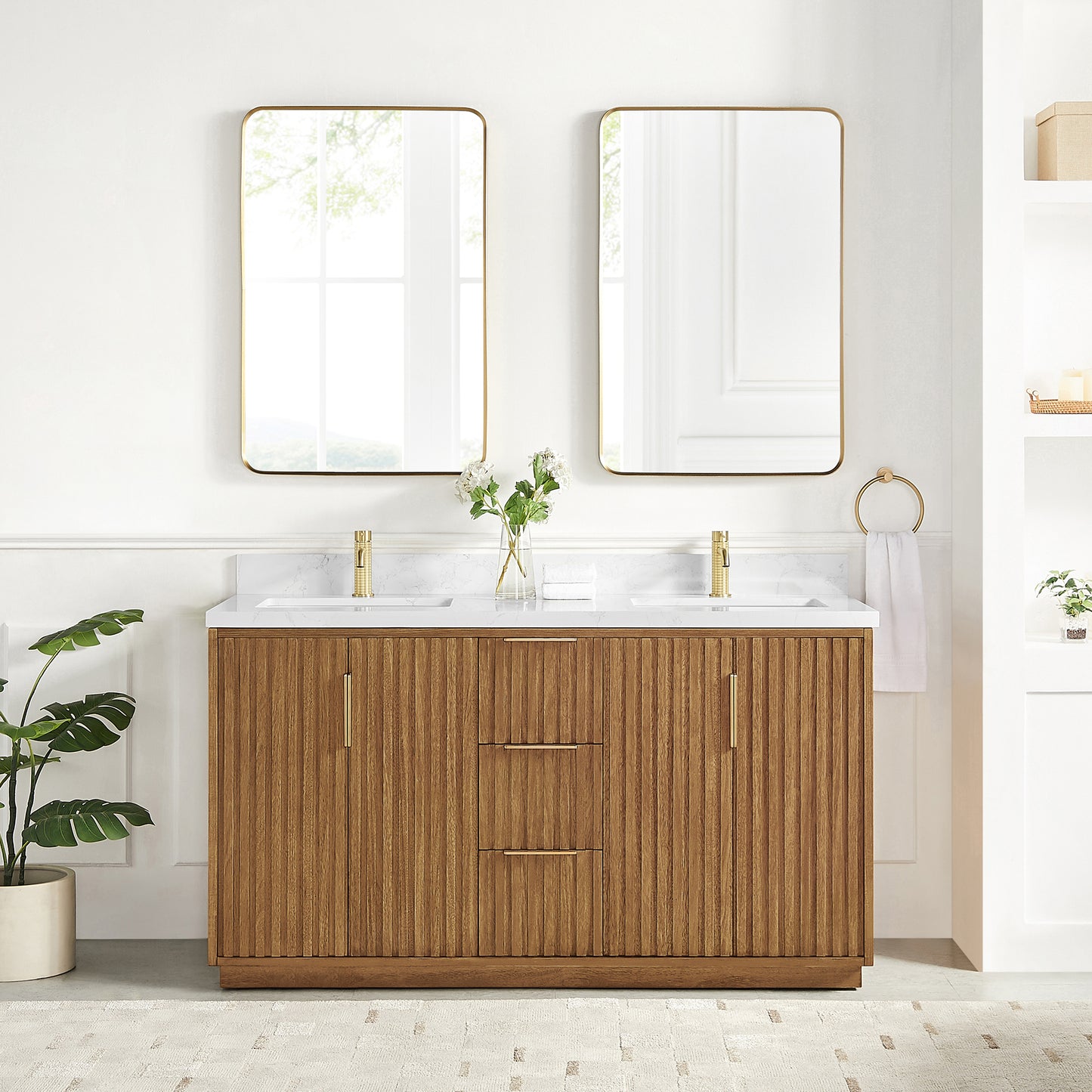 Vinnova, Bangkok 60" Double Sink Bath Vanity in Mango Wood Light Brown with White Grain Composite Stone Top