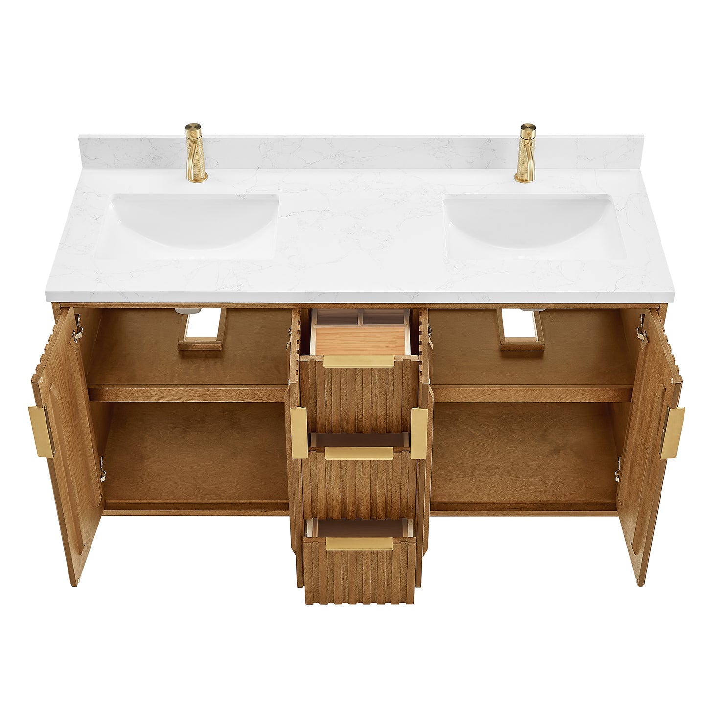 Vinnova, Bangkok 60" Double Sink Bath Vanity in Mango Wood Light Brown with White Grain Composite Stone Top