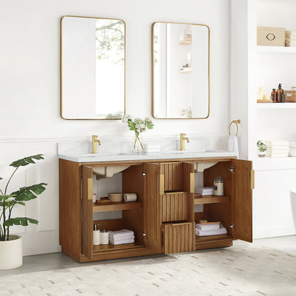 Vinnova, Bangkok 60" Double Sink Bath Vanity in Mango Wood Light Brown with White Grain Composite Stone Top