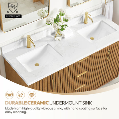 Vinnova, Bangkok 60" Double Sink Bath Vanity in Mango Wood Light Brown with White Grain Composite Stone Top