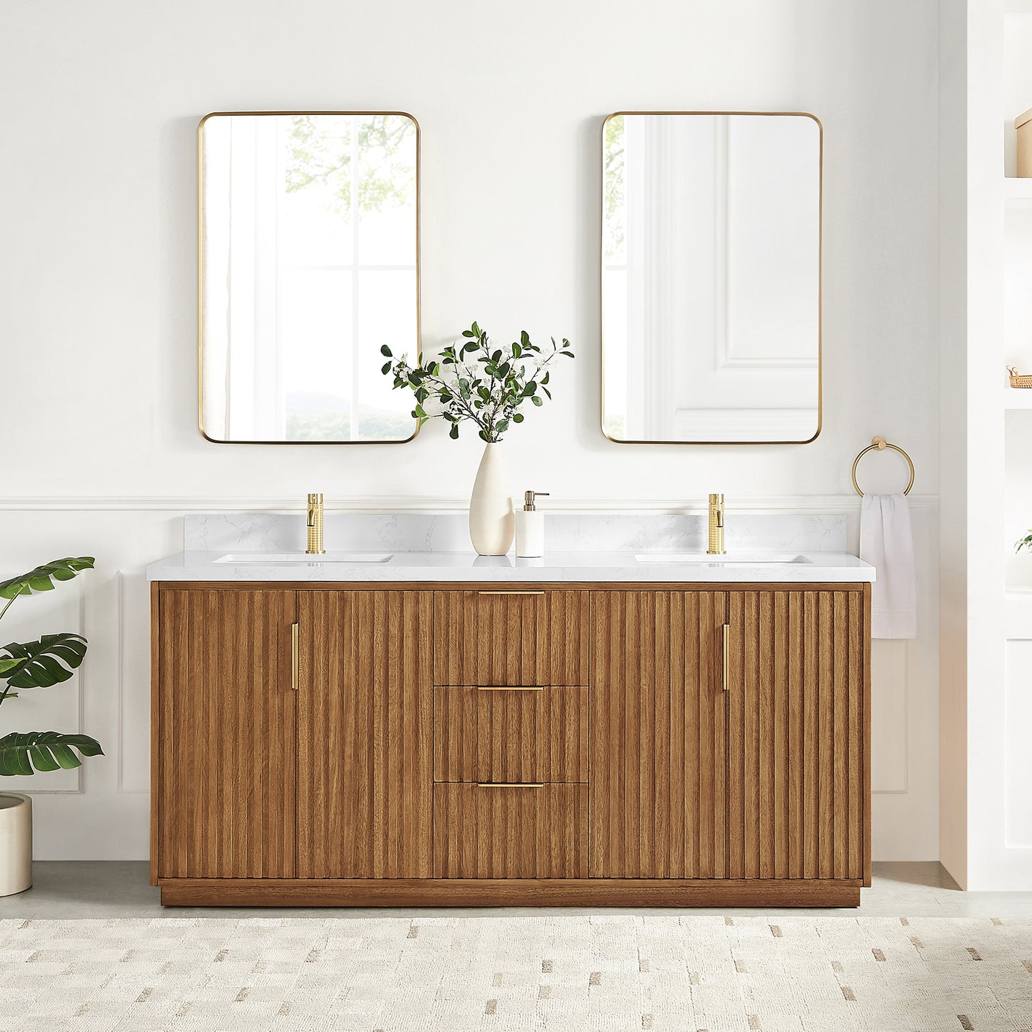 Vinnova, Bangkok 72" Double Sink Bath Vanity in Mango Wood Light Brown with White Grain Composite Stone Top