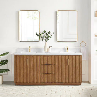 Vinnova, Bangkok 72" Double Sink Bath Vanity in Mango Wood Light Brown with White Grain Composite Stone Top