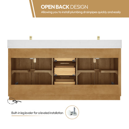 Vinnova, Bangkok 72" Double Sink Bath Vanity in Mango Wood Light Brown with White Grain Composite Stone Top