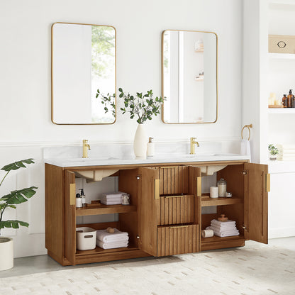 Vinnova, Bangkok 72" Double Sink Bath Vanity in Mango Wood Light Brown with White Grain Composite Stone Top
