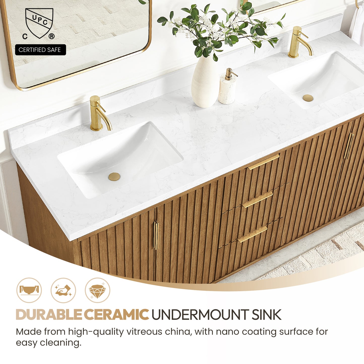Vinnova, Bangkok 72" Double Sink Bath Vanity in Mango Wood Light Brown with White Grain Composite Stone Top