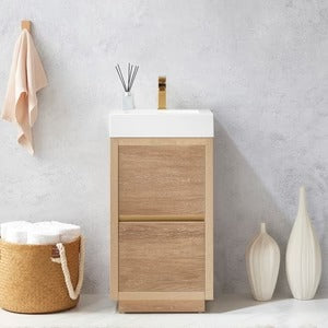 Vinnova, Huesca 18" Single Sink Bath Vanity in North American Oak with White Composite Integral Square Sink Top