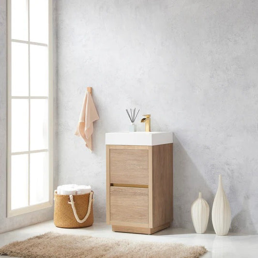 Vinnova, Huesca 18" Single Sink Bath Vanity in North American Oak with White Composite Integral Square Sink Top