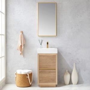 Vinnova, Huesca 18" Single Sink Bath Vanity in North American Oak with White Composite Integral Square Sink Top and Mirror