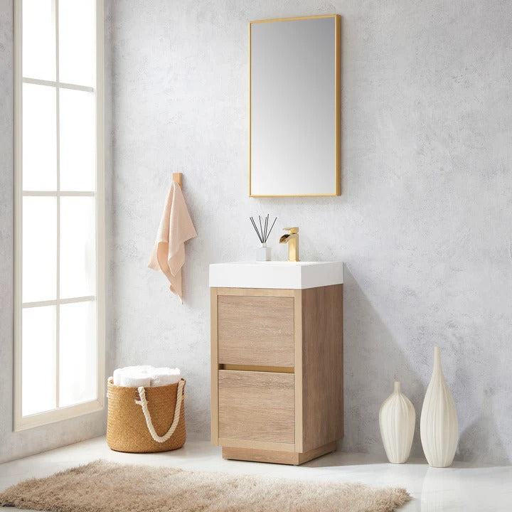 Vinnova, Huesca 18" Single Sink Bath Vanity in North American Oak with White Composite Integral Square Sink Top and Mirror