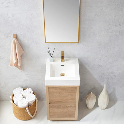 Vinnova, Huesca 18" Single Sink Bath Vanity in North American Oak with White Composite Integral Square Sink Top and Mirror