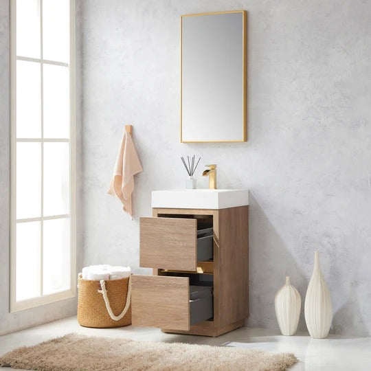 Vinnova, Huesca 18" Single Sink Bath Vanity in North American Oak with White Composite Integral Square Sink Top and Mirror