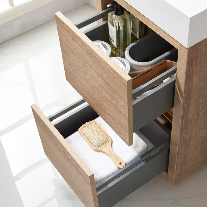 Vinnova, Huesca 18" Single Sink Bath Vanity in North American Oak with White Composite Integral Square Sink Top and Mirror