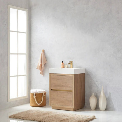Vinnova, Huesca 24" Single Sink Bath Vanity in North American Oak with White Composite Integral Square Sink Top