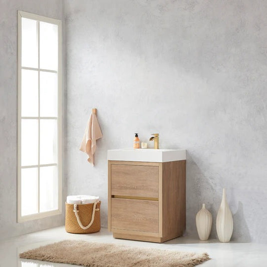Vinnova, Huesca 24" Single Sink Bath Vanity in North American Oak with White Composite Integral Square Sink Top
