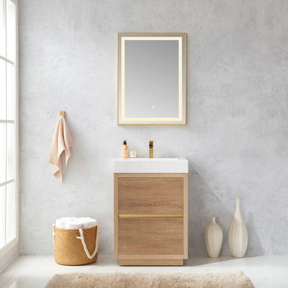 Vinnova, Huesca 24" Single Sink Bath Vanity in North American Oak with White Composite Integral Square Sink Top