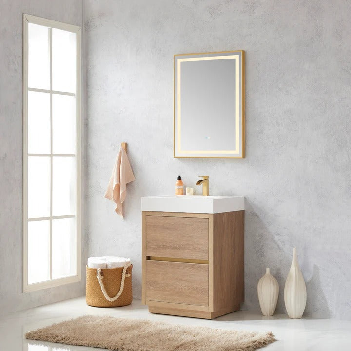 Vinnova, Huesca 24" Single Sink Bath Vanity in North American Oak with White Composite Integral Square Sink Top