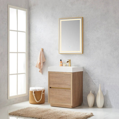 Vinnova, Huesca 24" Single Sink Bath Vanity in North American Oak with White Composite Integral Square Sink Top