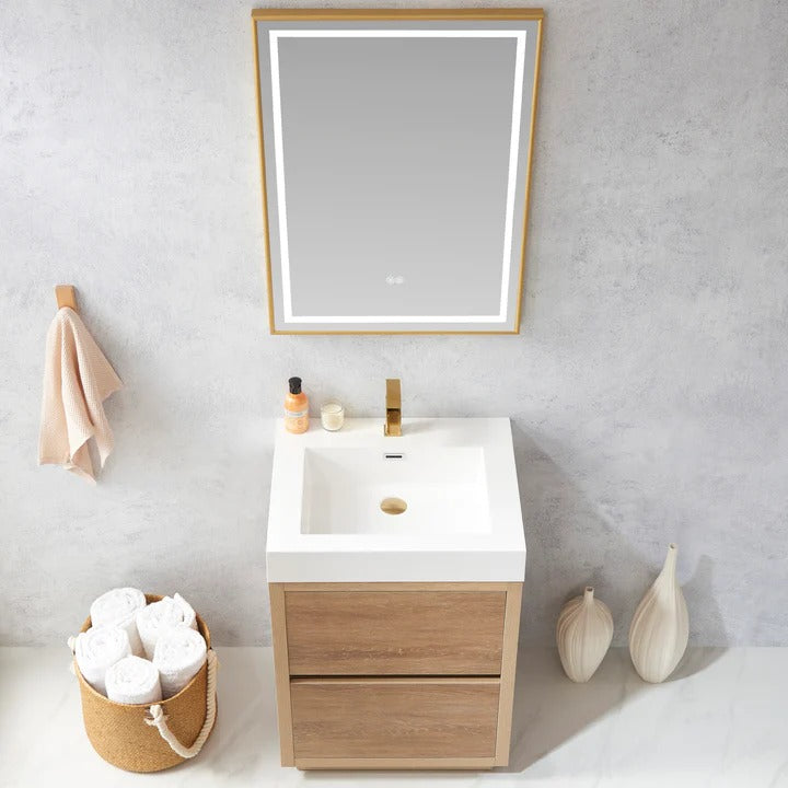 Vinnova, Huesca 24" Single Sink Bath Vanity in North American Oak with White Composite Integral Square Sink Top and Mirror