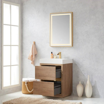 Vinnova, Huesca 24" Single Sink Bath Vanity in North American Oak with White Composite Integral Square Sink Top