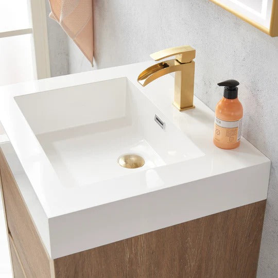 Vinnova, Huesca 24" Single Sink Bath Vanity in North American Oak with White Composite Integral Square Sink Top