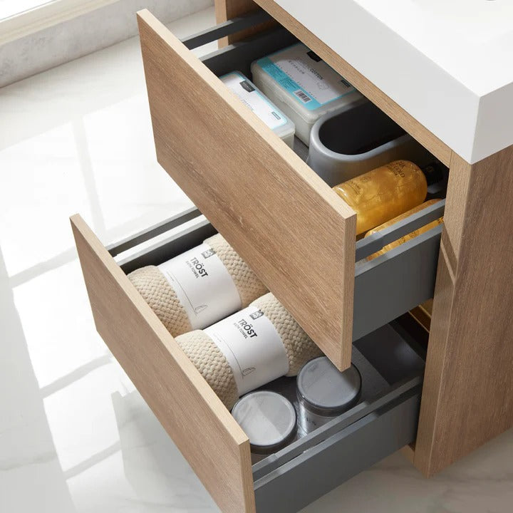 Vinnova, Huesca 24" Single Sink Bath Vanity in North American Oak with White Composite Integral Square Sink Top