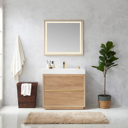 Vinnova, Huesca 36" Single Sink Bath Vanity in North American Oak with White Composite Integral Square Sink Top and Mirror