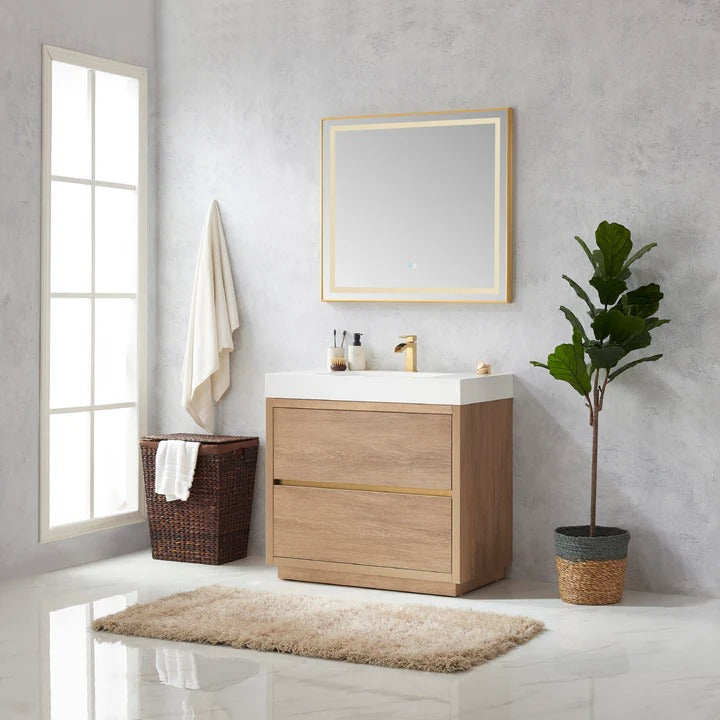 Vinnova, Huesca 36" Single Sink Bath Vanity in North American Oak with White Composite Integral Square Sink Top and Mirror