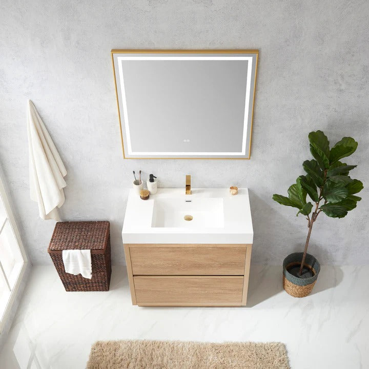 Vinnova, Huesca 36" Single Sink Bath Vanity in North American Oak with White Composite Integral Square Sink Top and Mirror