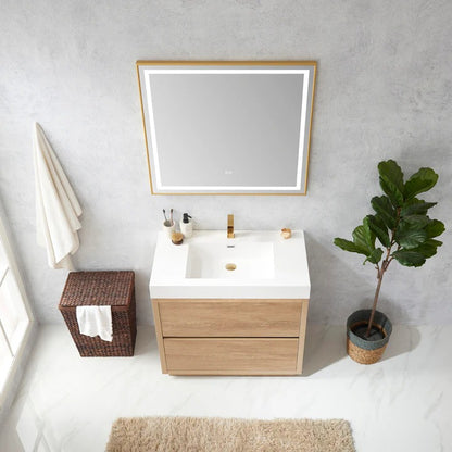 Vinnova, Huesca 36" Single Sink Bath Vanity in North American Oak with White Composite Integral Square Sink Top and Mirror