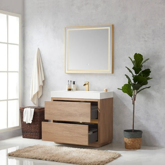 Vinnova, Huesca 36" Single Sink Bath Vanity in North American Oak with White Composite Integral Square Sink Top and Mirror