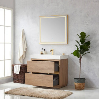 Vinnova, Huesca 36" Single Sink Bath Vanity in North American Oak with White Composite Integral Square Sink Top and Mirror