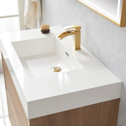 Vinnova, Huesca 36" Single Sink Bath Vanity in North American Oak with White Composite Integral Square Sink Top and Mirror