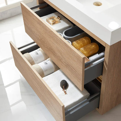 Vinnova, Huesca 36" Single Sink Bath Vanity in North American Oak with White Composite Integral Square Sink Top and Mirror