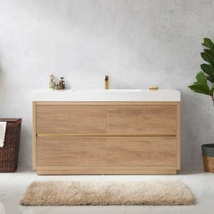 Vinnova, Huesca 60" Single Sink Bath Vanity in North American Oak with White Composite Integral Square Sink Top