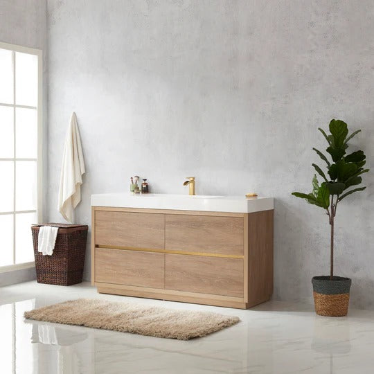 Vinnova, Huesca 60" Single Sink Bath Vanity in North American Oak with White Composite Integral Square Sink Top