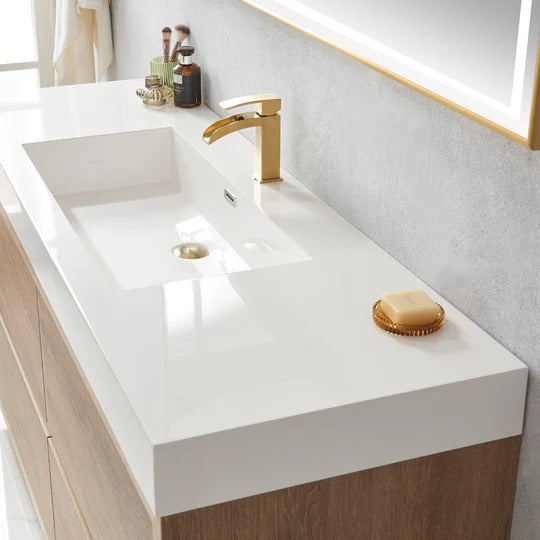 Vinnova, Huesca 60" Single Sink Bath Vanity in North American Oak with White Composite Integral Square Sink Top