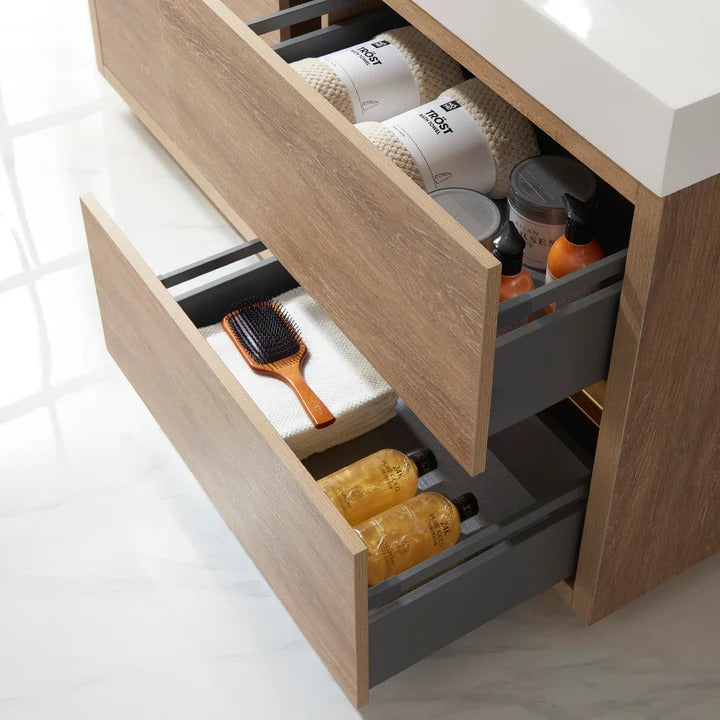 Vinnova, Huesca 60" Single Sink Bath Vanity in North American Oak with White Composite Integral Square Sink Top