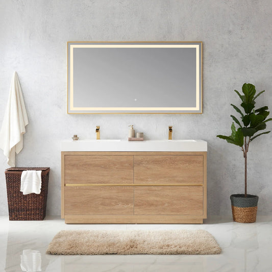 Vinnova, Huesca 60M" Double Sink Bath Vanity in North American Oak with White Composite Integral Square Sink Top and Mirror