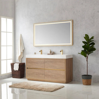 Vinnova, Huesca 60M" Double Sink Bath Vanity in North American Oak with White Composite Integral Square Sink Top and Mirror