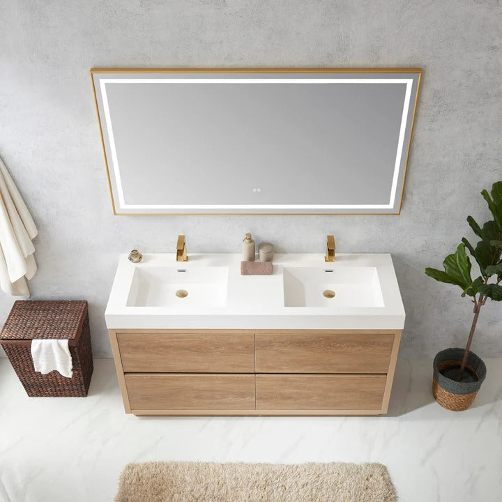 Vinnova, Huesca 60M" Double Sink Bath Vanity in North American Oak with White Composite Integral Square Sink Top and Mirror