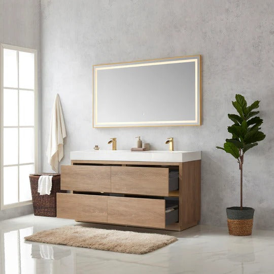 Vinnova, Huesca 60M" Double Sink Bath Vanity in North American Oak with White Composite Integral Square Sink Top and Mirror