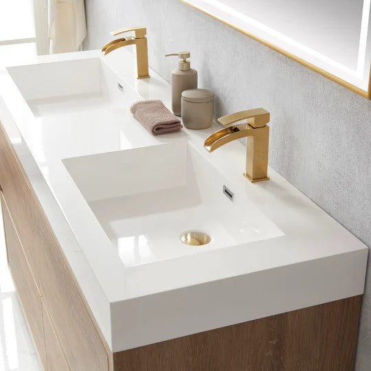 Vinnova, Huesca 60M" Double Sink Bath Vanity in North American Oak with White Composite Integral Square Sink Top and Mirror