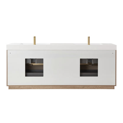 Vinnova, Huesca 84" Double Sink Bath Vanity in North American Oak with White Composite Integral Square Sink Top