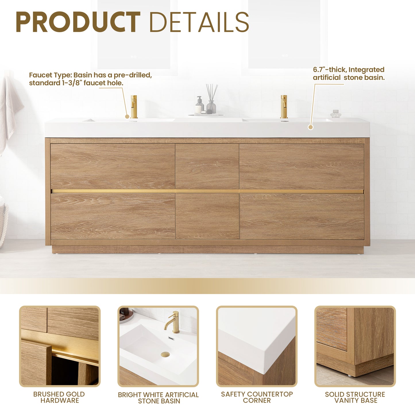 Vinnova, Huesca 84" Double Sink Bath Vanity in North American Oak with White Composite Integral Square Sink Top