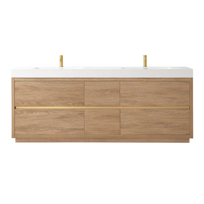 Vinnova, Huesca 84" Double Sink Bath Vanity in North American Oak with White Composite Integral Square Sink Top